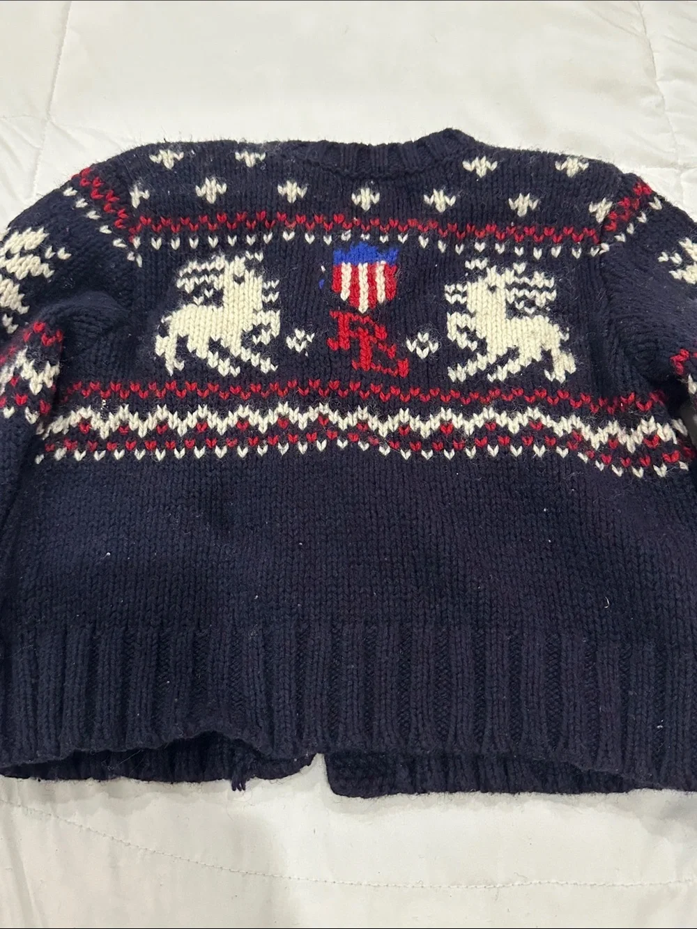 Ralph Lauren Navy Blue Knit Cardigan with White and Red Fair Isle Reindeer